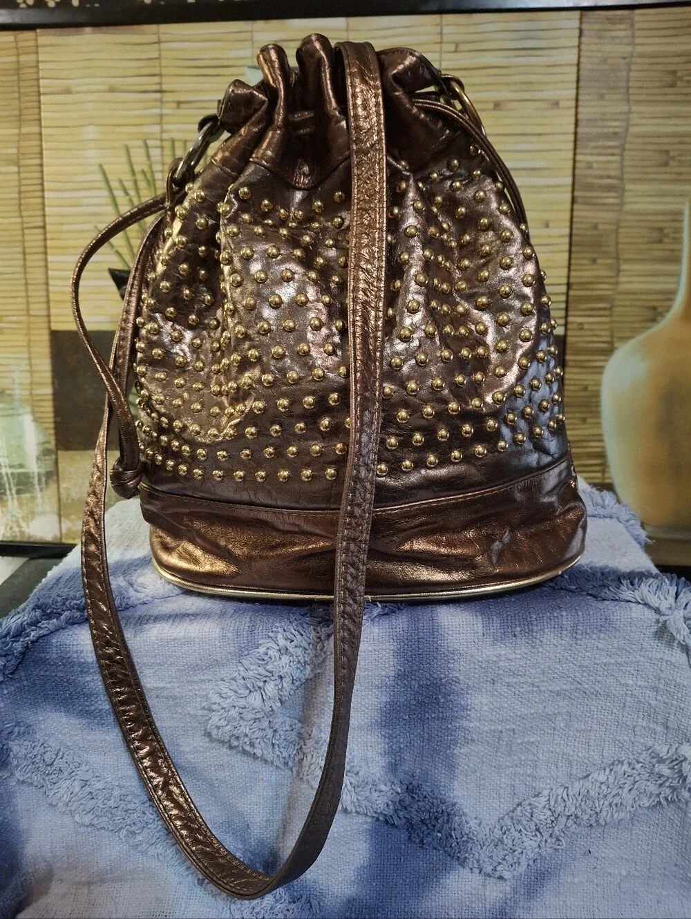 Metallic Brown Studded Drawstring Shoulder Bag